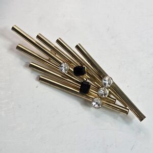 art deco gold tone tubular fan of rods rhinestone brooch pin retro modernist